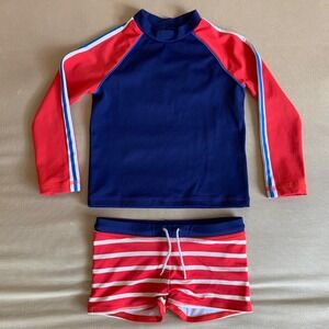 Mini Boden Kids Rash Guard Swimsuit Shorts Set Navy Red Stripe UPF 40+ Boys 3-4Y
